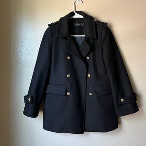 Zara Black Wool Double Breasted Military Coat Size small